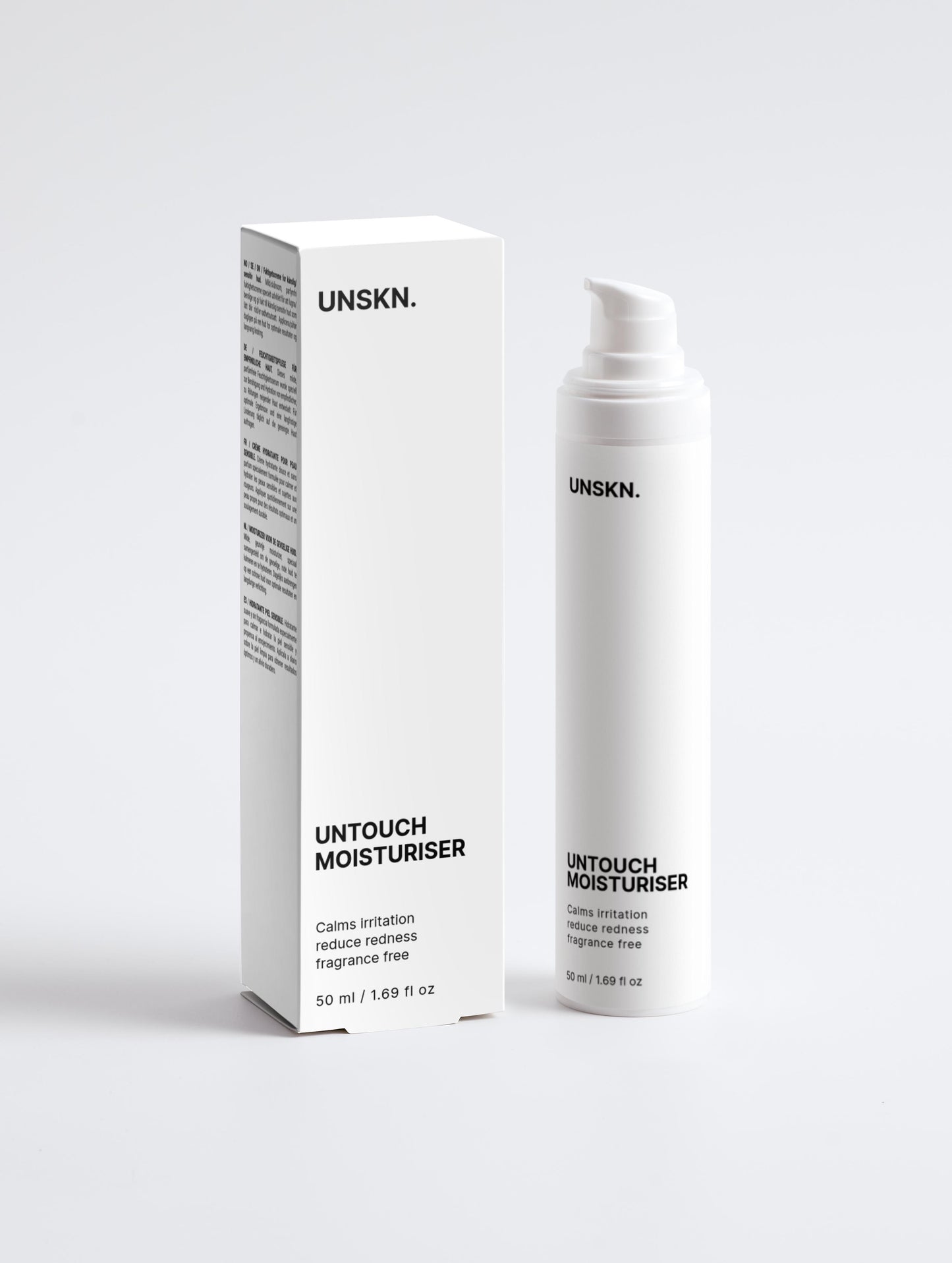 UNSKN Untouch Moisturiser bottle and packaging on a white background