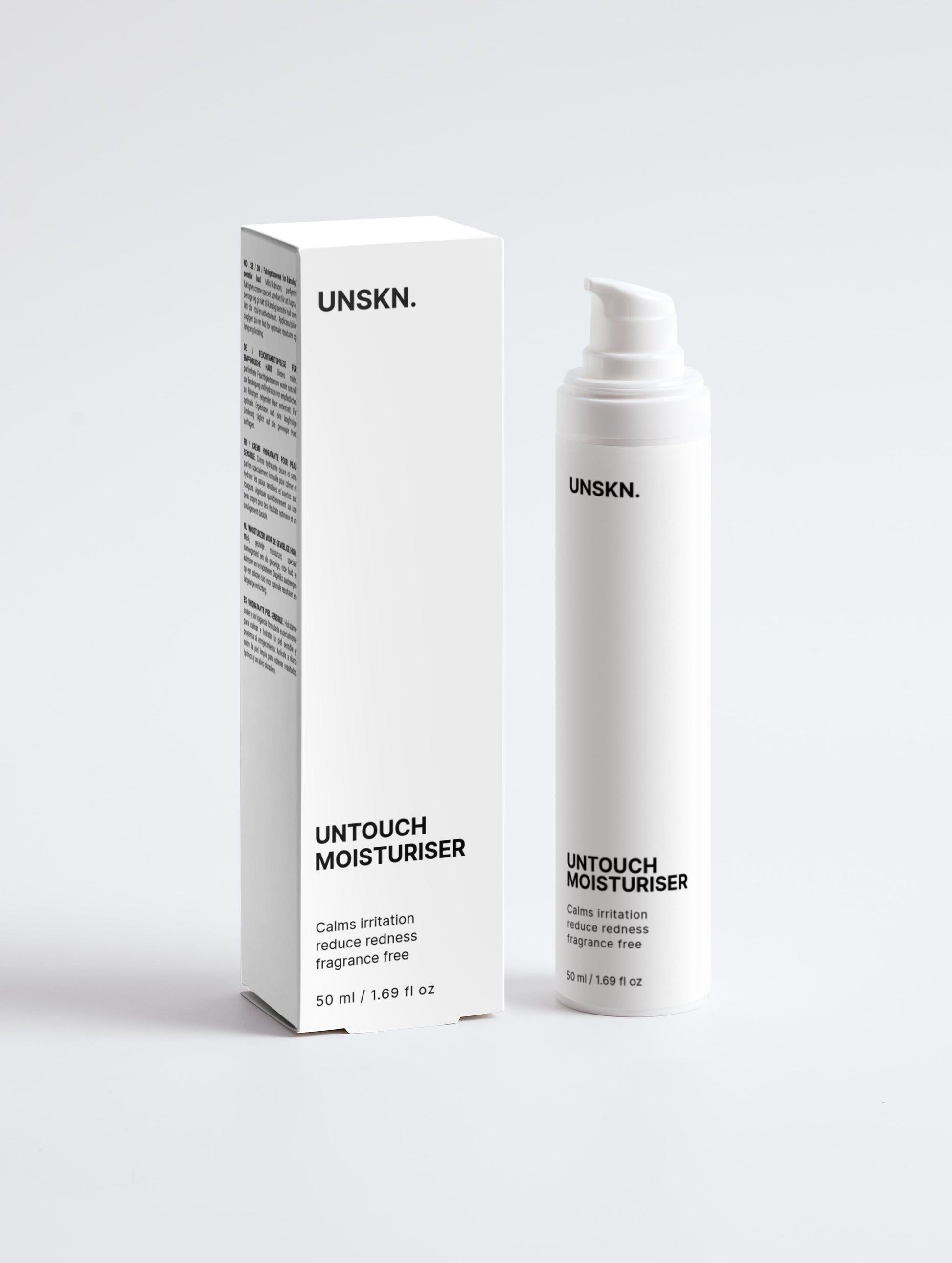 UNSKN Untouch Moisturiser bottle and packaging on a white background